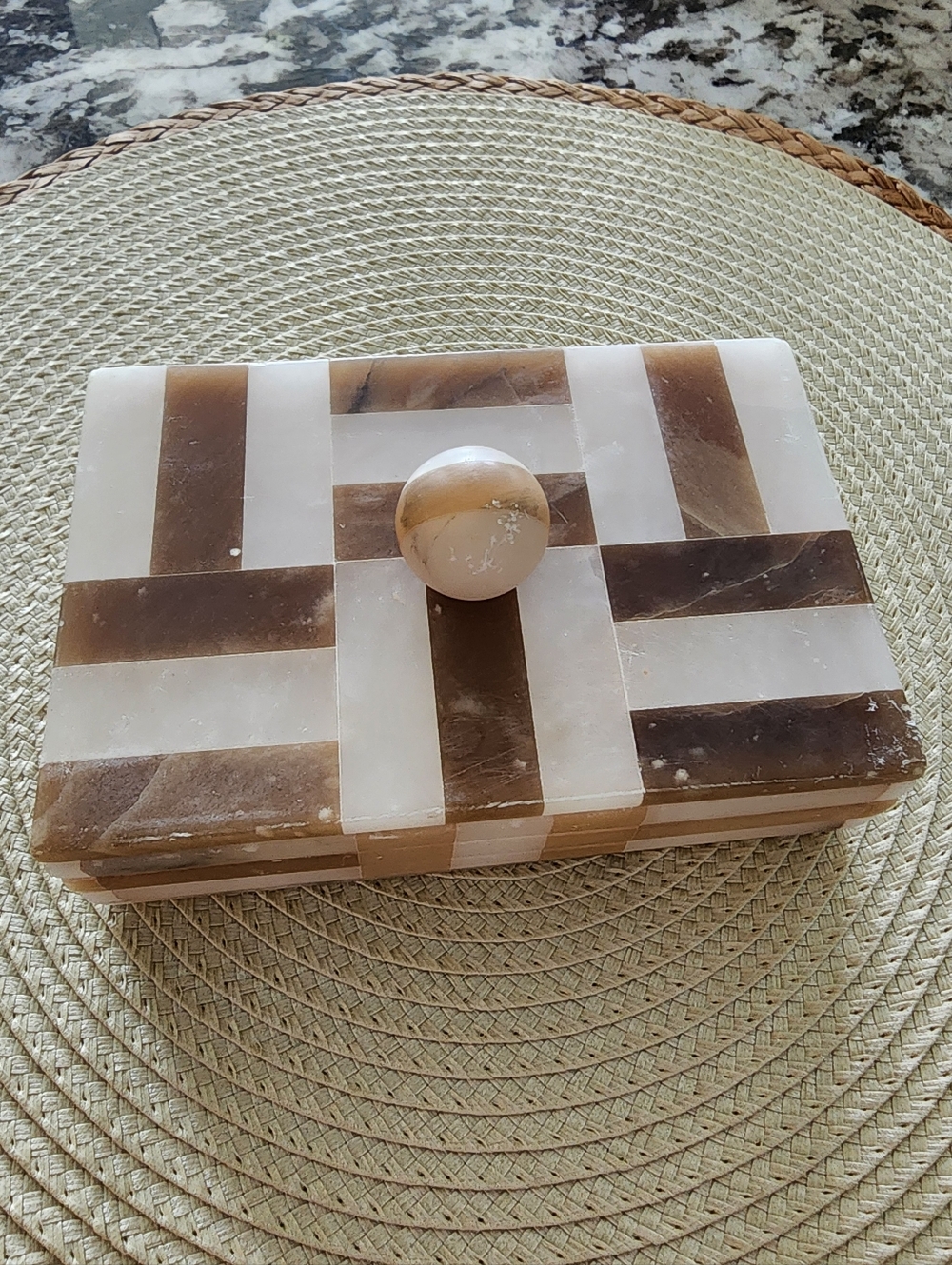 Italian Marble Mosaic Decorative Keepsake Box in Cream and Brown